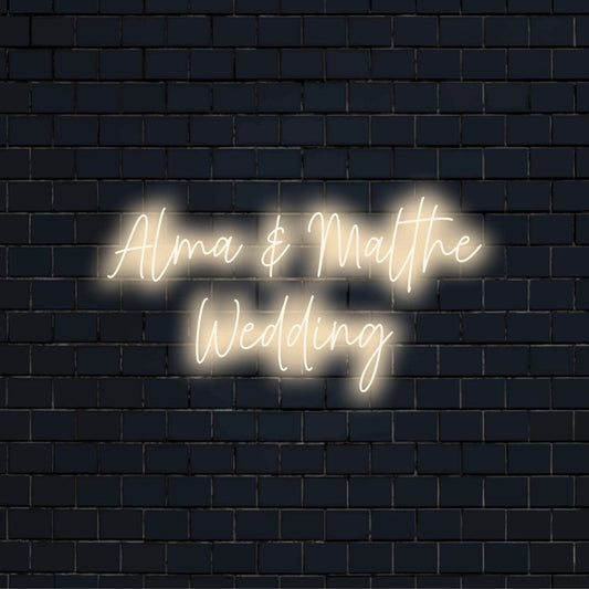 Alma _ Malthe Wedding Custom Name Neon Sign, glowing wall decor against brick backdrop