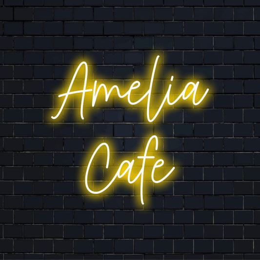 Amelia Cafe Custom Name Neon Sign, neon text light on black brick background