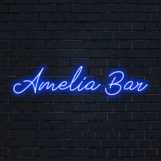 Amelia Bar Personalized LED Neon Sign, glowing neon text on dark brick background