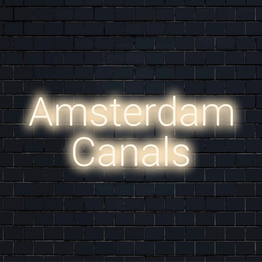 Amsterdam Canals Neon Sign, bright LED glow against brick backdrop