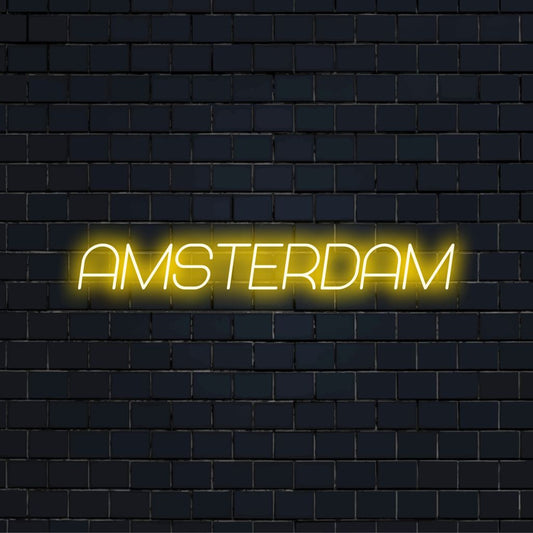 Amsterdam Neon Sign, neon text light on dark brick background