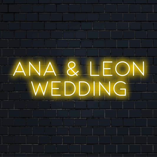 Ana _ Leon Wedding Personalized LED Neon Sign, bright neon glow on dark brick wall