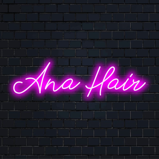 Ana Hair Personalized LED Neon Sign, glowing wall decor against black brick wall