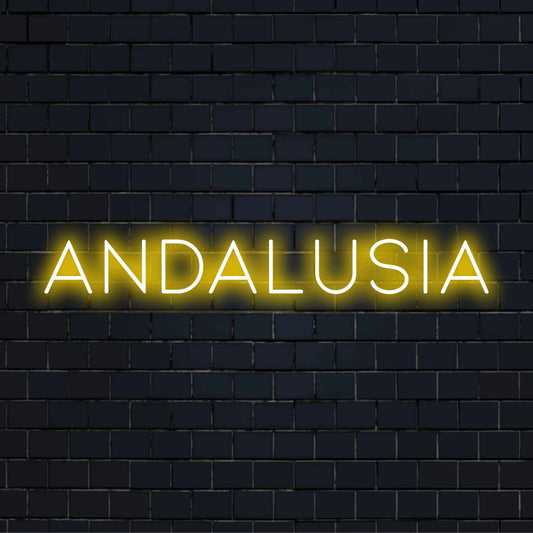 Andalusia Neon Sign, bright neon glow on black brick background