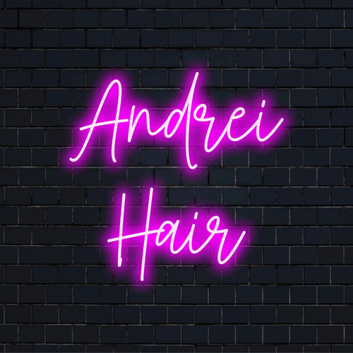 Andrei Hair Custom Name Neon Sign, glowing wall decor on black brick background