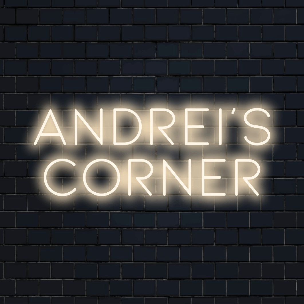 Andrei_s Corner Personalized Neon Light with soft neon glow on black brick background