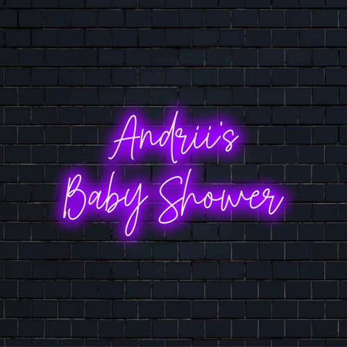 Andrii_s Baby Shower Personalized LED Neon Sign, bright neon glow on dark brick background
