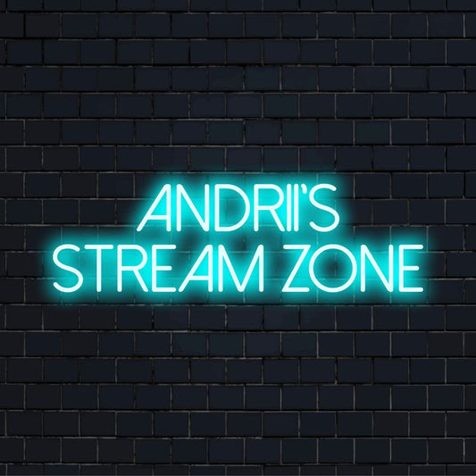 Andrii_s Stream Zone Custom Name Neon Sign, glowing wall decor on black brick background