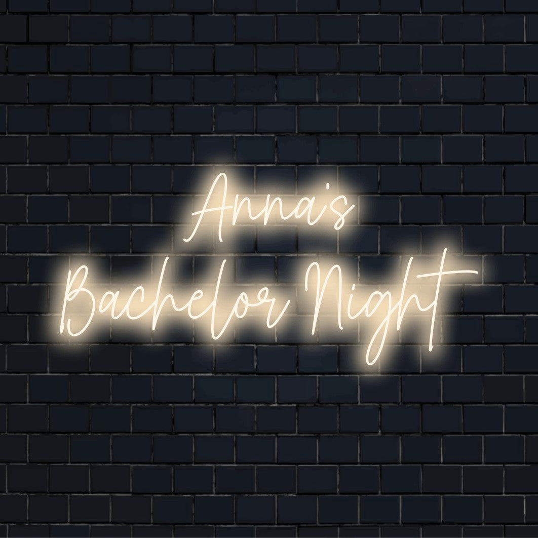 Anna_s Bachelor Night Personalized Neon Light with glowing neon text on dark brick wall