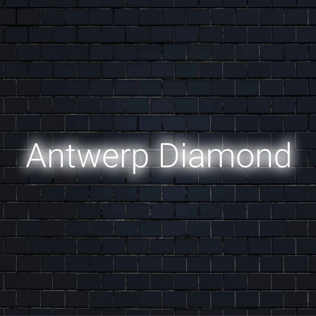 Antwerp Diamond Neon Light with glowing neon text against black brick wall