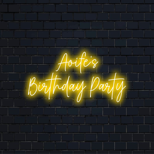 Aoife_s Birthday Party Personalized Neon Light with neon text light on dark brick background