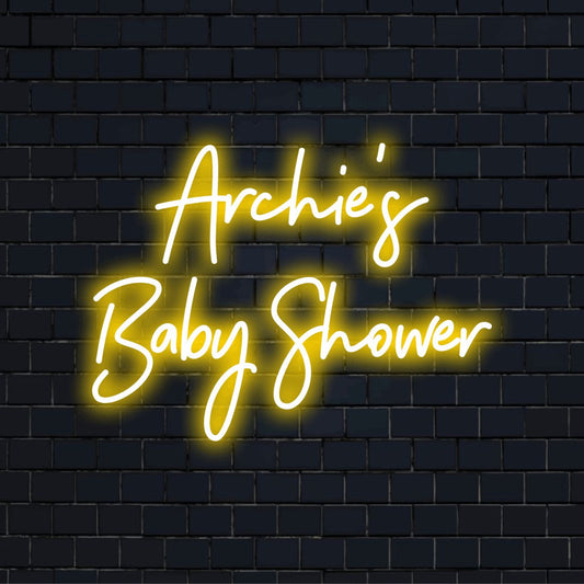 Archie_s Baby Shower Personalized LED Neon Sign, bright LED glow on black brick background