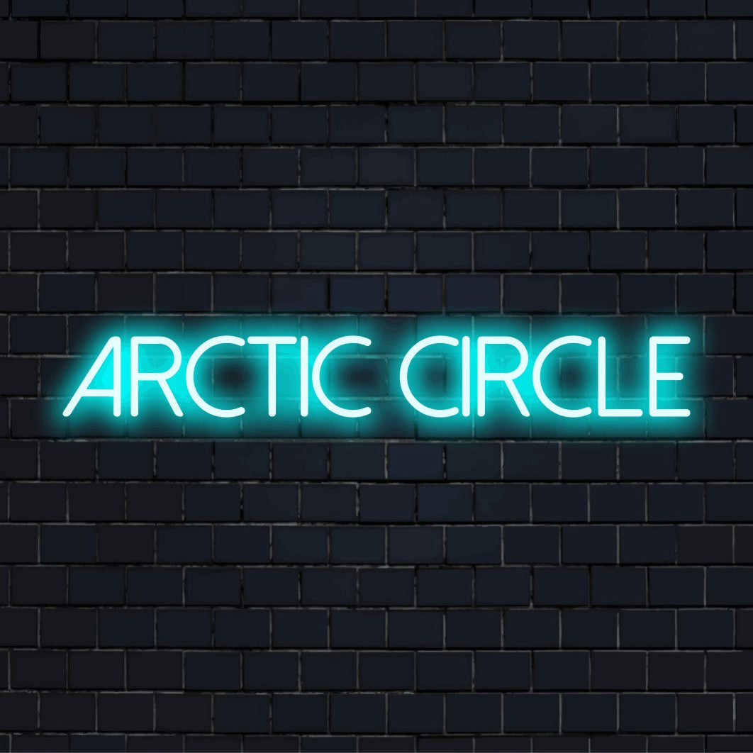 Arctic Circle Neon Sign, glowing neon text on black brick background