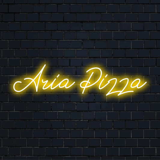 Aria Pizza Custom Name Neon Sign, glowing lettering against brick backdrop