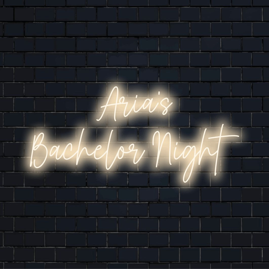 Aria_s Bachelor Night Custom Name Neon Sign, bright LED glow against black brick wall