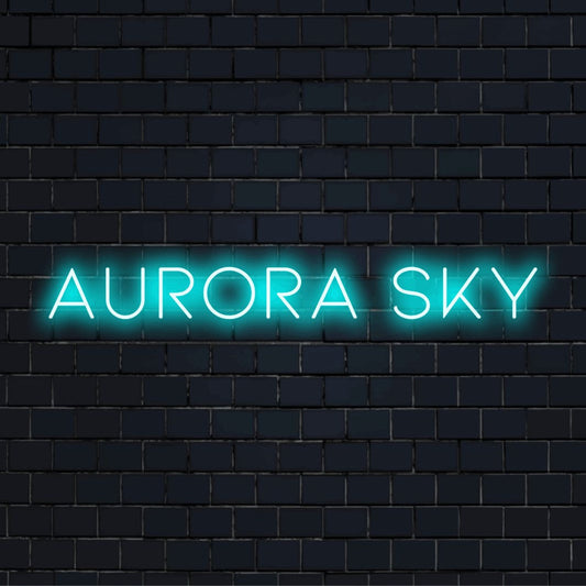 Aurora Sky Neon Sign, bright LED glow against black brick wall
