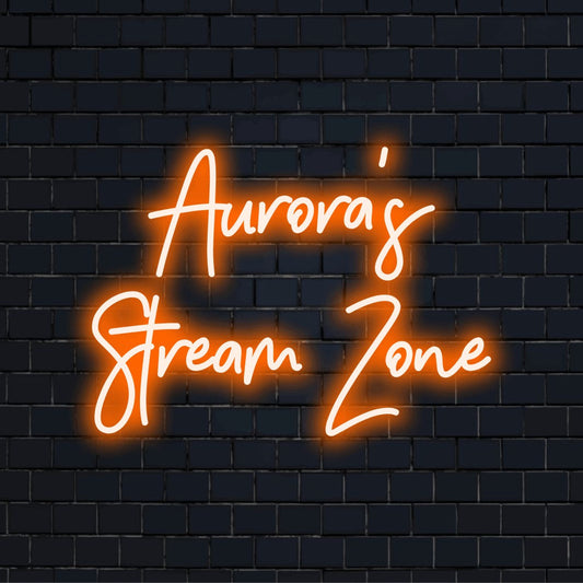 Aurora_s Stream Zone Personalized LED Neon Sign, bright neon glow on dark brick wall