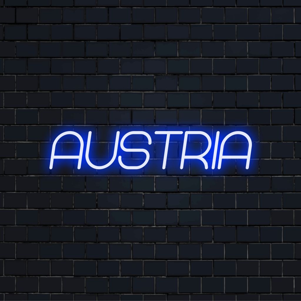 Austria Neon Sign, bright neon lettering on black brick background