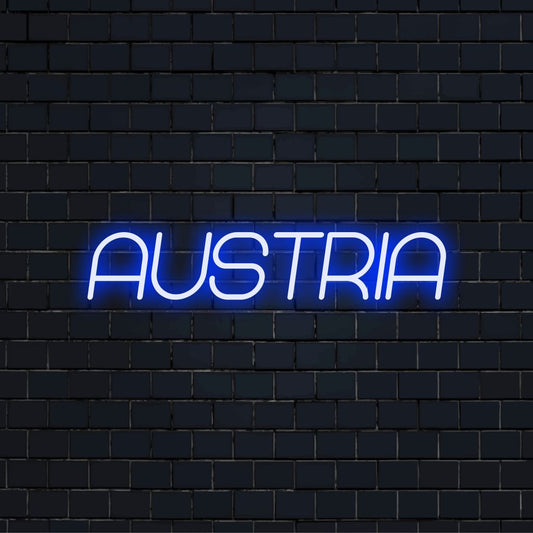 Austria Neon Sign, bright neon lettering on black brick background