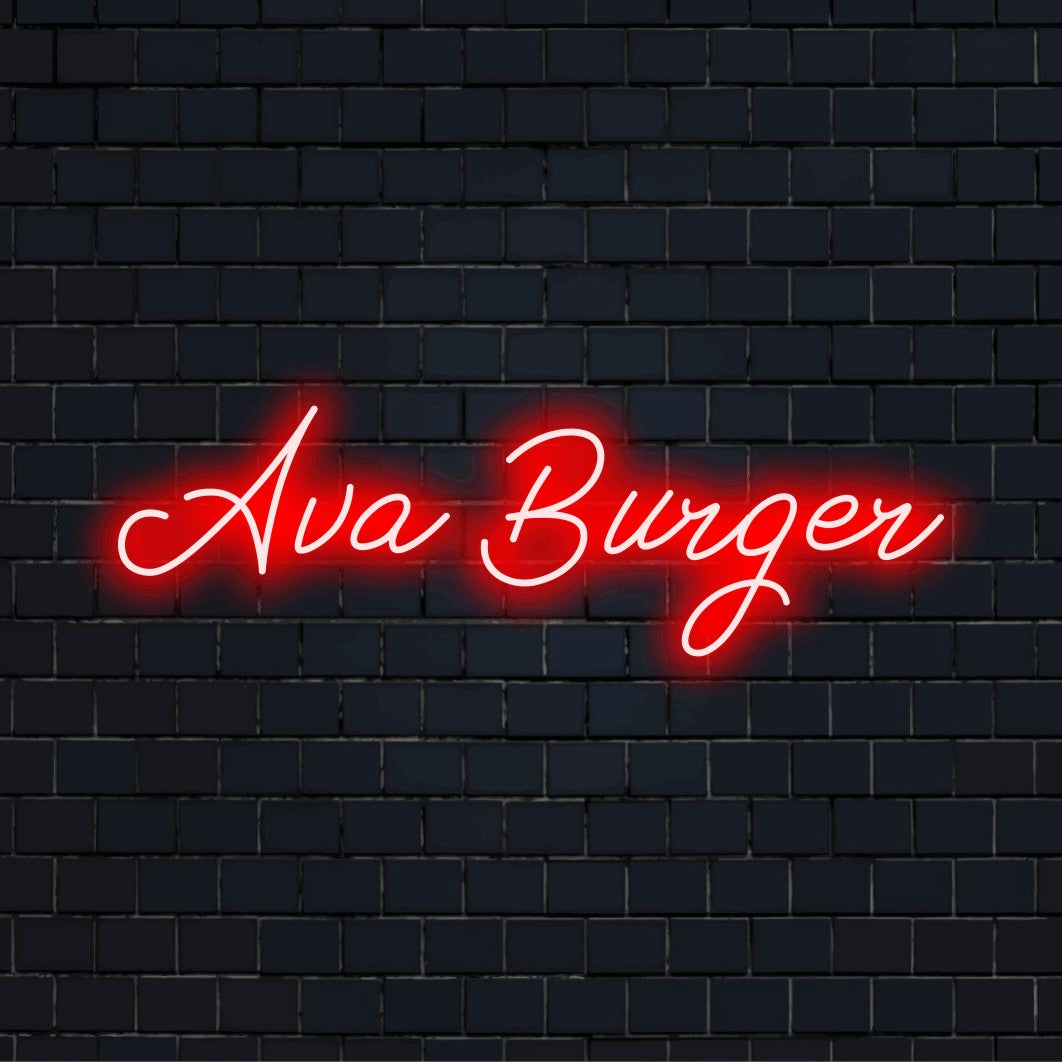 Ava Burger Personalized LED Neon Sign, glowing wall decor on dark brick wall