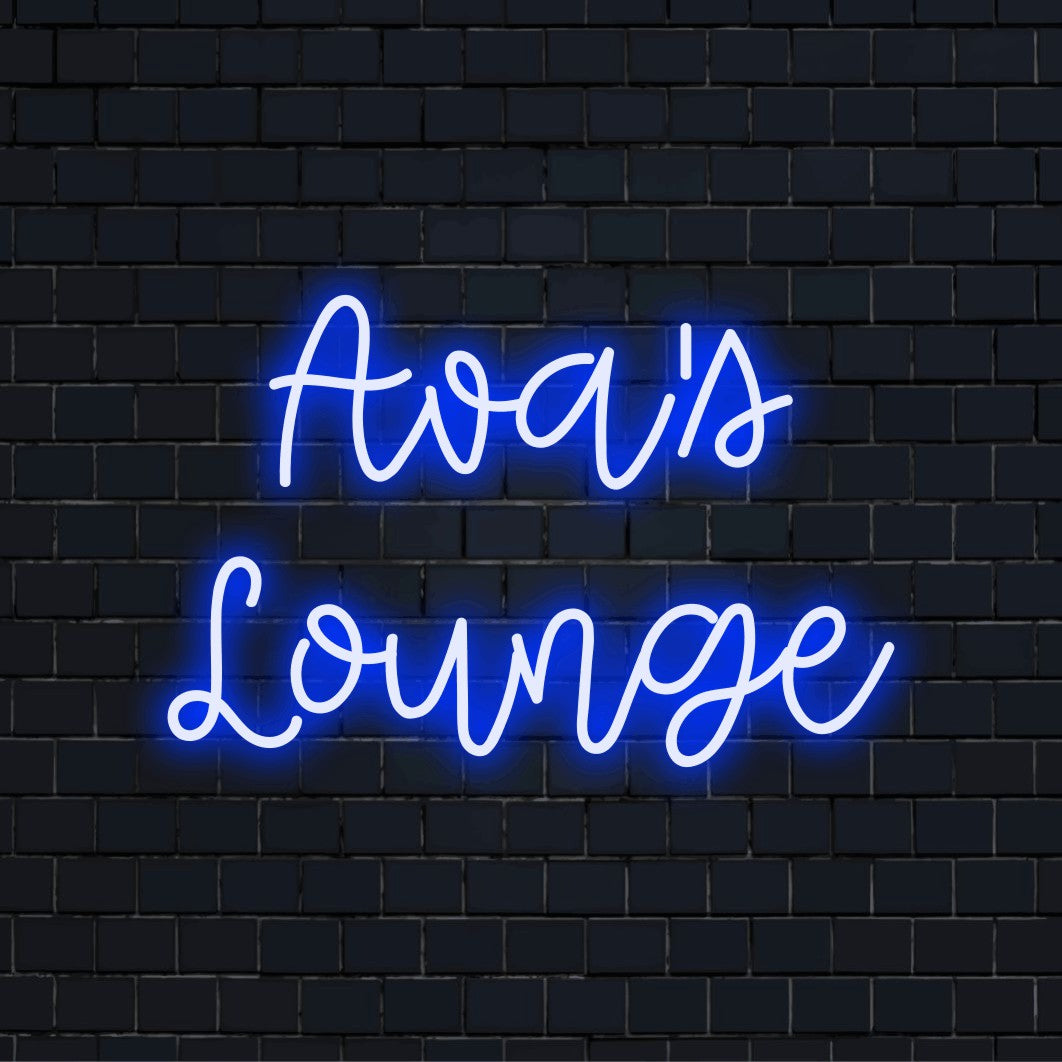 Ava_s Lounge Personalized LED Neon Sign, bright neon glow on dark brick wall