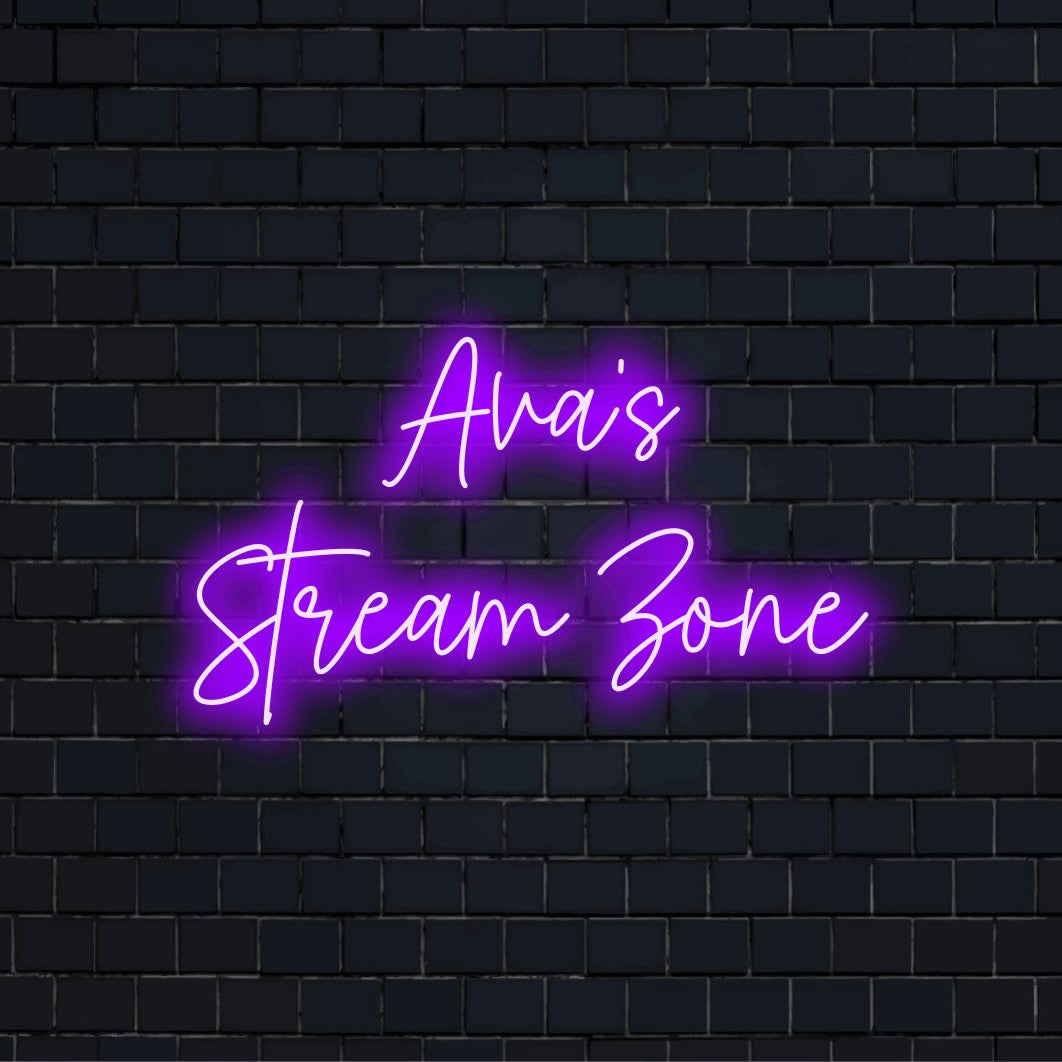 Ava_s Stream Zone Custom Name Neon Sign, bright neon lettering against brick backdrop