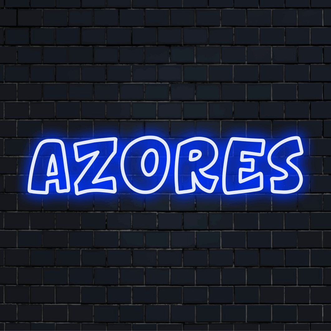 Azores Neon Sign, bright LED glow on black brick background