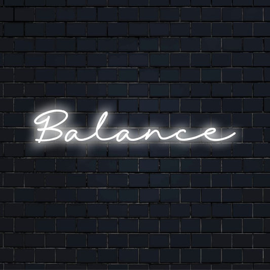 Balance Neon Sign, bright neon glow on dark brick background