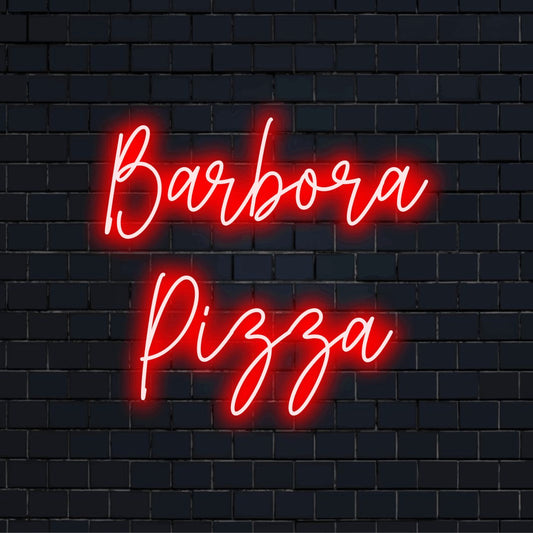 Barbora Pizza Personalized LED Neon Sign, bright neon glow against brick backdrop