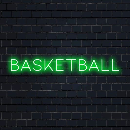 Basketball Neon Sign, bright neon lettering against black brick wall