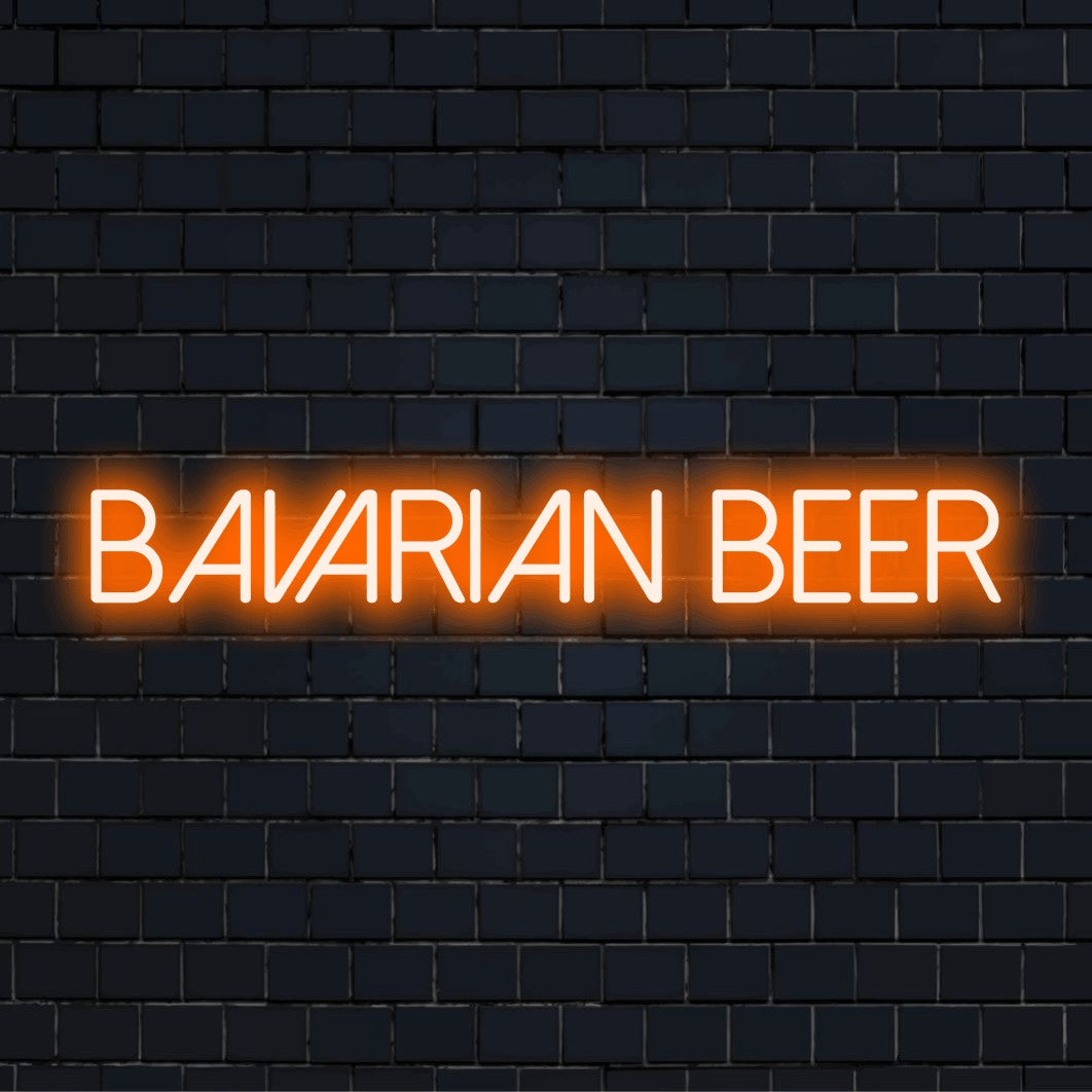 Bavarian Beer LED Neon Sign, bright neon lettering against brick backdrop