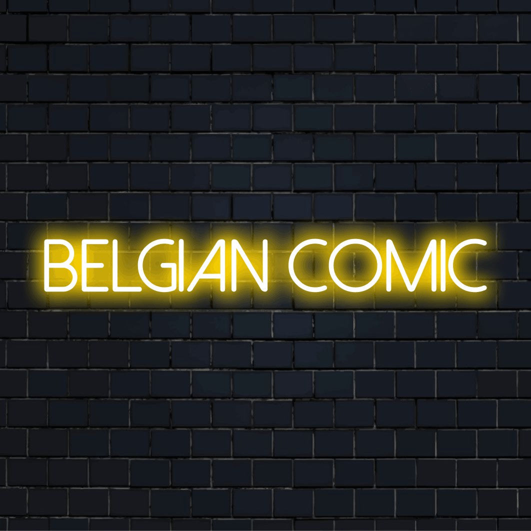 Belgian Comic LED Neon Sign, bright LED glow on dark brick background