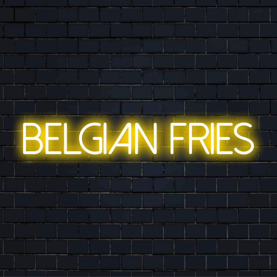 Belgian Fries LED Neon Sign, glowing wall decor against black brick wall