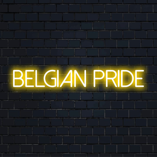Belgian Pride Neon Light with glowing wall decor on dark brick background