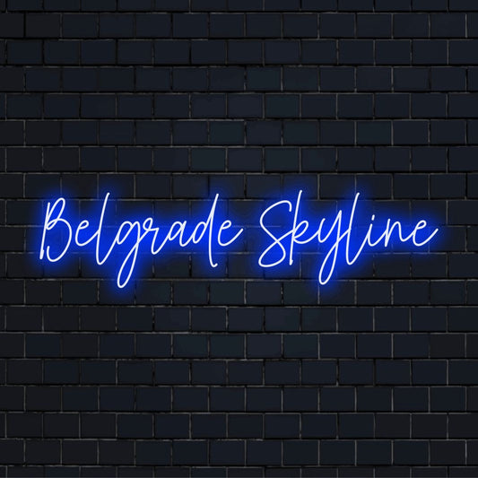 Belgrade Skyline Neon Light with glowing neon text against brick backdrop