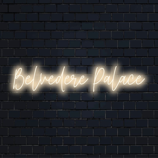 Belvedere Palace LED Neon Sign, soft neon glow on black brick background