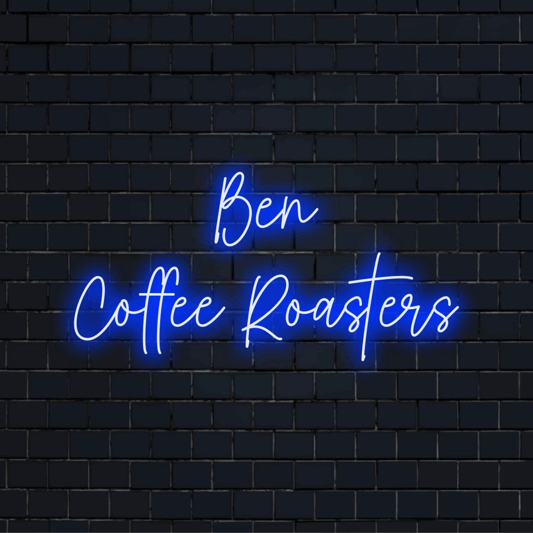 Ben Coffee Roasters Custom Name Neon Sign, glowing wall decor on black brick background