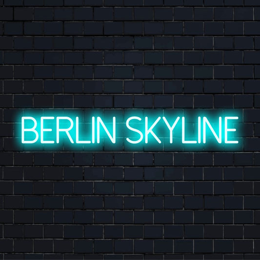 Berlin Skyline LED Neon Sign, bright neon glow against black brick wall