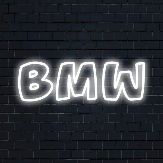 Bmw Neon Light with bright LED glow on dark brick wall
