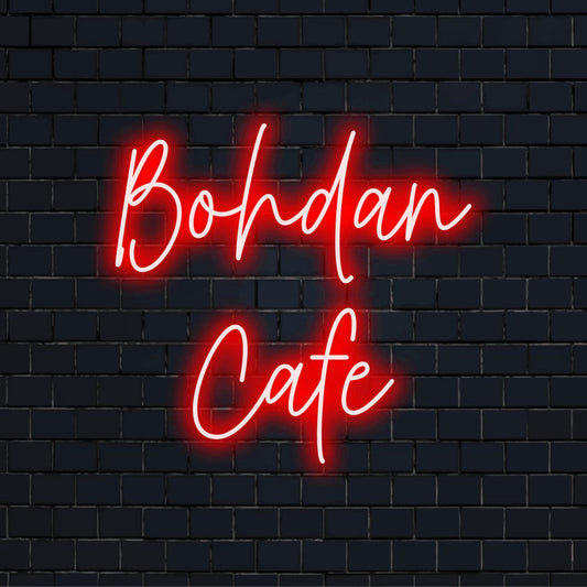 Bohdan Cafe Custom Name Neon Sign, bright neon lettering against brick backdrop