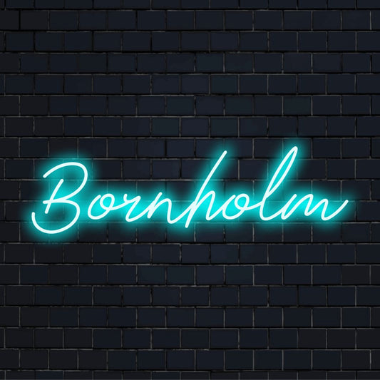 Bornholm LED Neon Sign, glowing lettering on dark brick wall