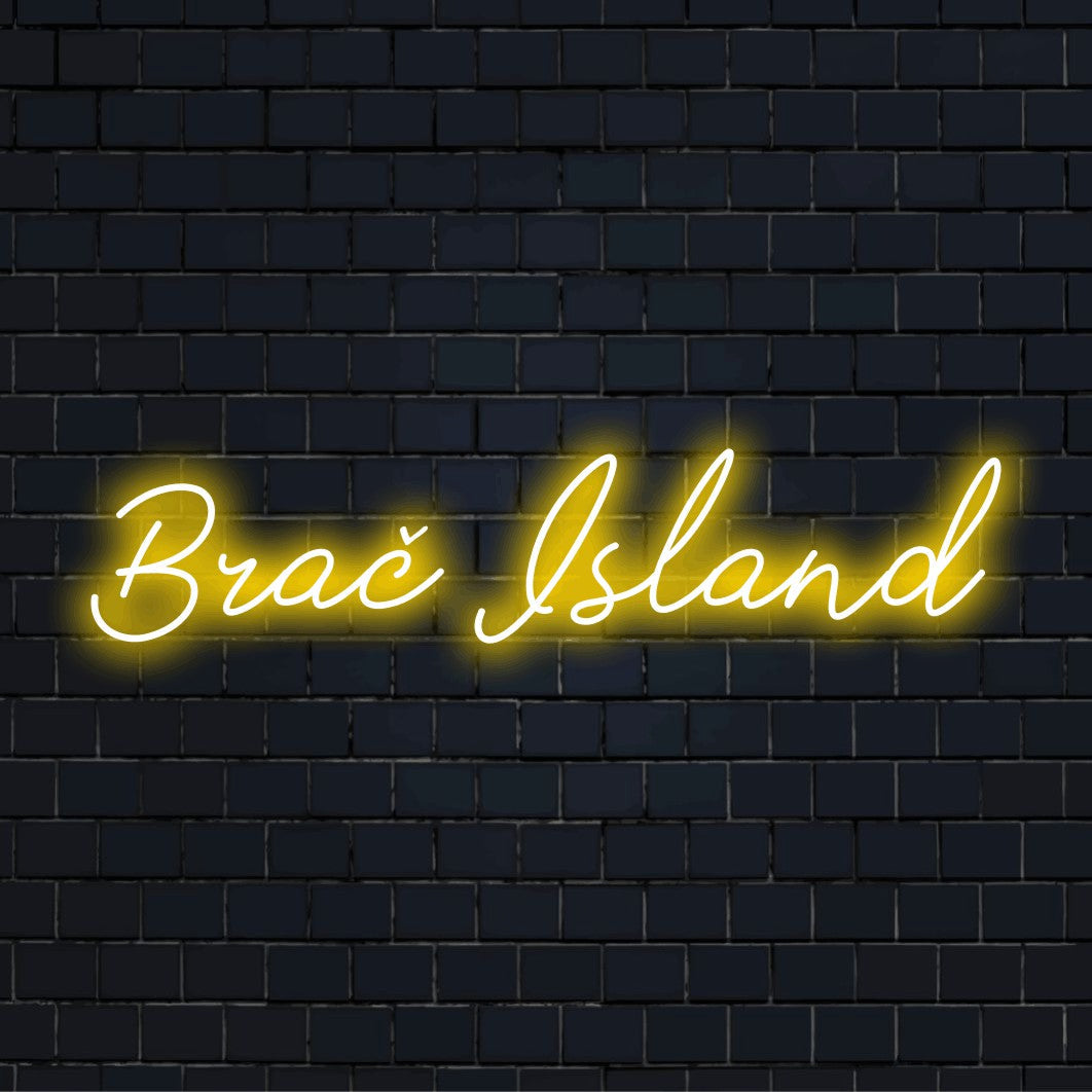 Bra Island LED Neon Sign, glowing wall decor on dark brick background