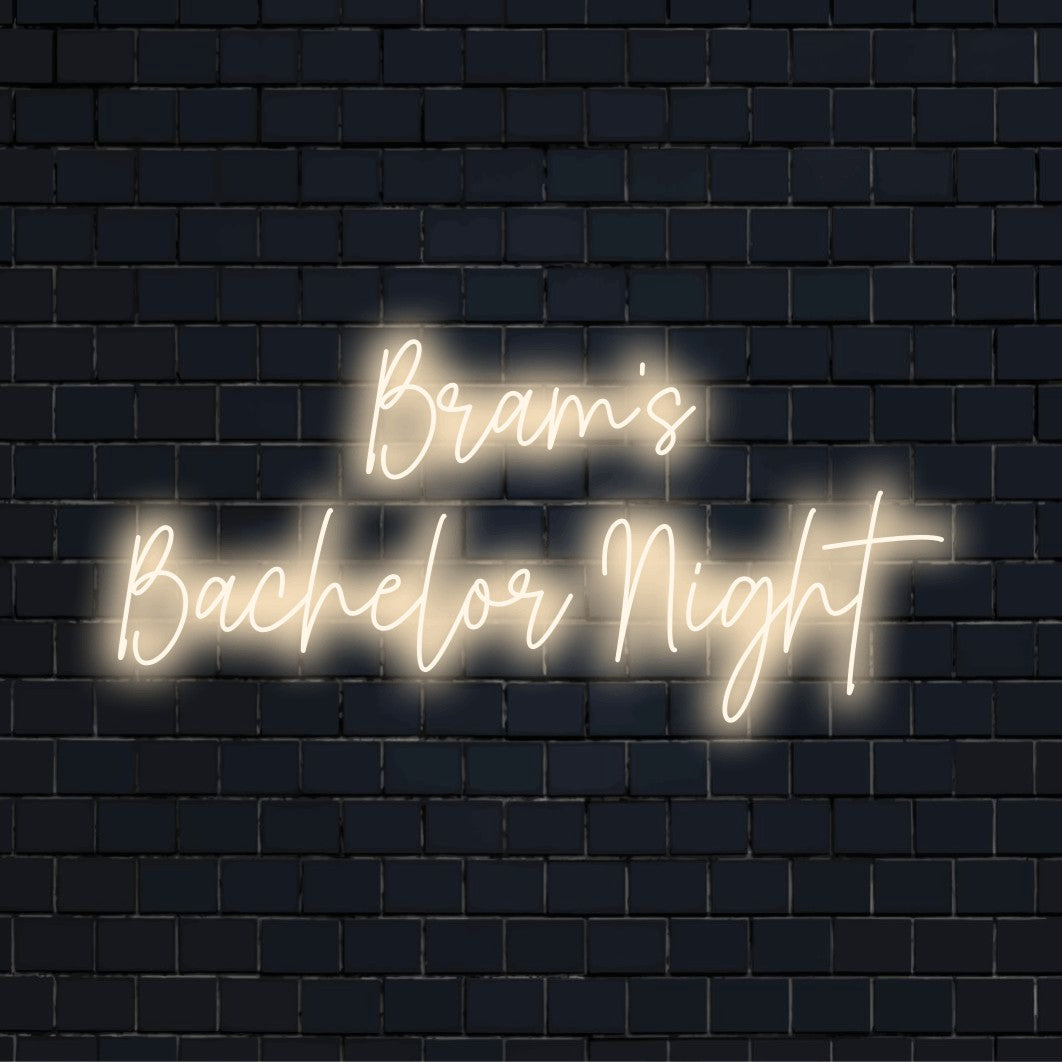 Bram_s Bachelor Night Personalized Neon Light with bright LED glow against brick backdrop