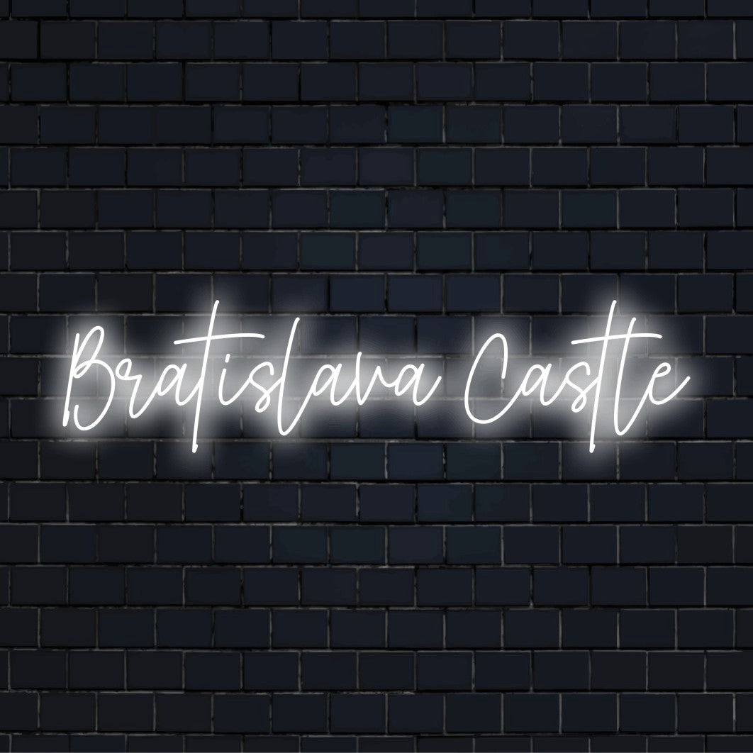 Bratislava Castle LED Neon Sign, bright LED glow on dark brick wall