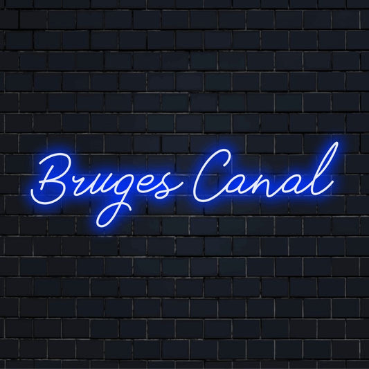 Bruges Canal LED Neon Sign, glowing neon text on dark brick background