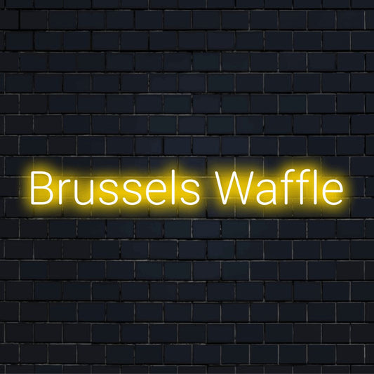 Brussels Waffle Neon Sign, soft neon glow on dark brick wall