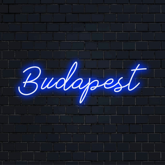 Budapest Neon Sign, bright LED glow on dark brick background