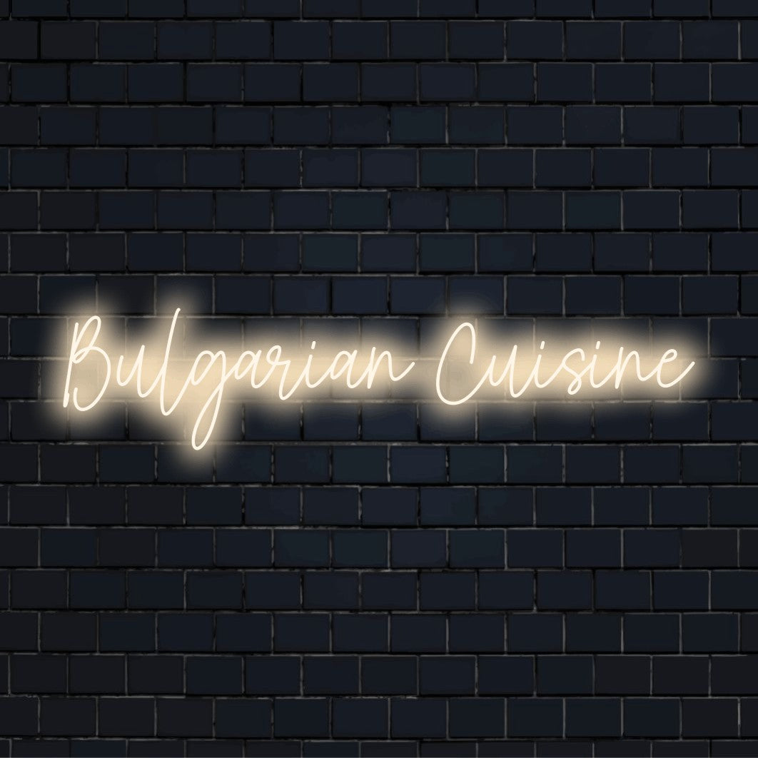 Bulgarian Cuisine LED Neon Sign, glowing wall decor on dark brick background