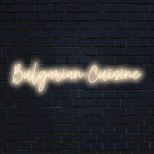 Bulgarian Cuisine LED Neon Sign, glowing wall decor on dark brick background