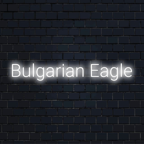 Bulgarian Eagle LED Neon Sign, neon text light against black brick wall